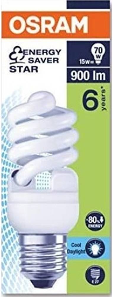 OSRAM DULUX STAR 15W/865 E27 ENERGY SAVER - Bright daylight compact lamp delivering energy-efficient lighting with natural color rendering and frosted finish for glare reduction, suitable for commercial and household spaces